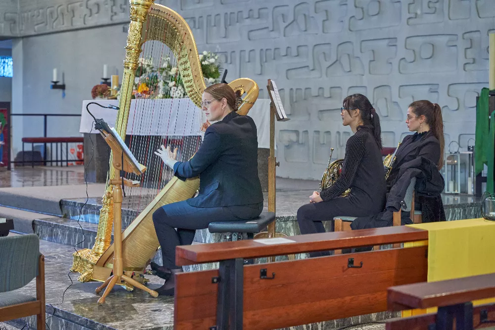 Harfinistin Clara Dicke an ihrem fabelhaften Instrument