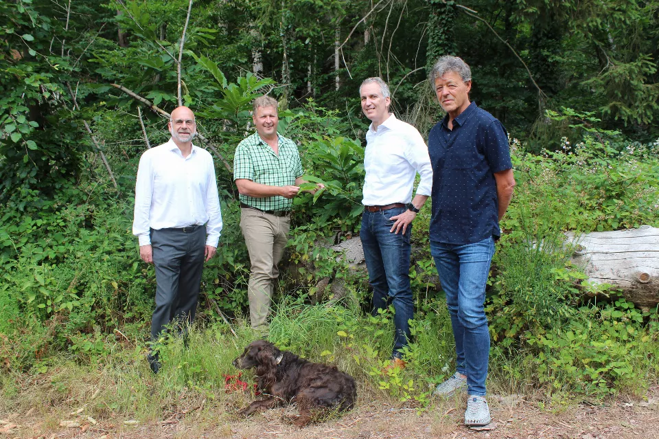 Bürgermeister Michael Forster, Förster Dr. Helmut Wolf, Stadtwerke Geschäftsführer Frank Barbian sowie Dr. Dieter Dorda, Leiter der Grünflächenabteilung (von links), stellten das Projekt „Klimawald“ der Stadtwerke vor.
